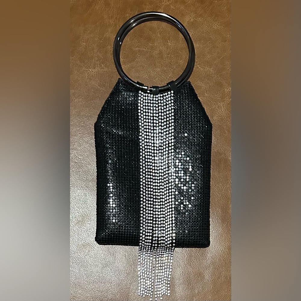Black Sequin Wristlet Clutch with Silver Crystal Fringe